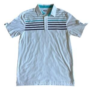 Straight Down Golf Polo Shirt Mens White Blue Stripe Performance Size Large